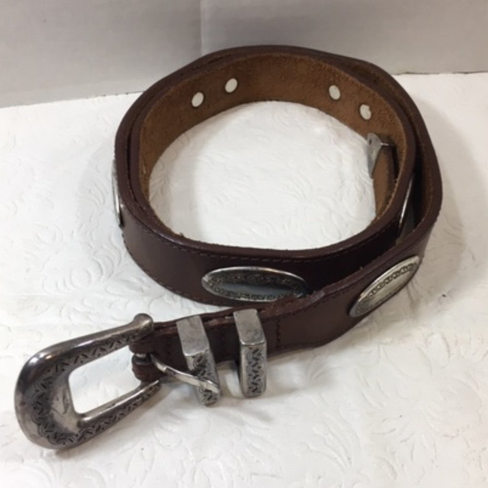 Langu Leather Brown Belt Silver Toned Engraved Ornaments